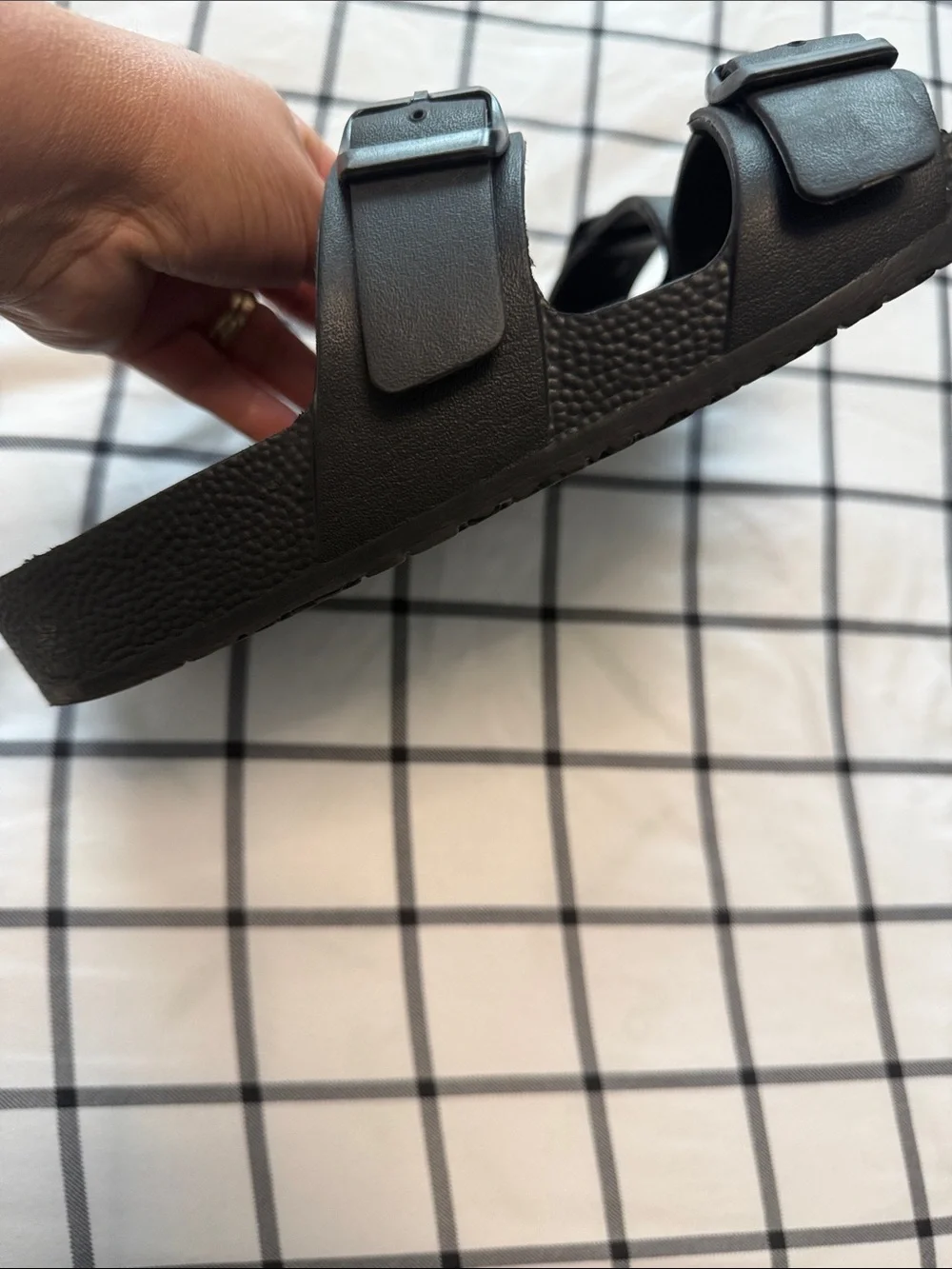 Women's Double-Strap Black Slide Sandals with Adjustable Buckles